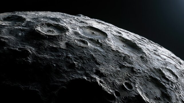 Detailed close up of a craters pocked asteroid surface against black space