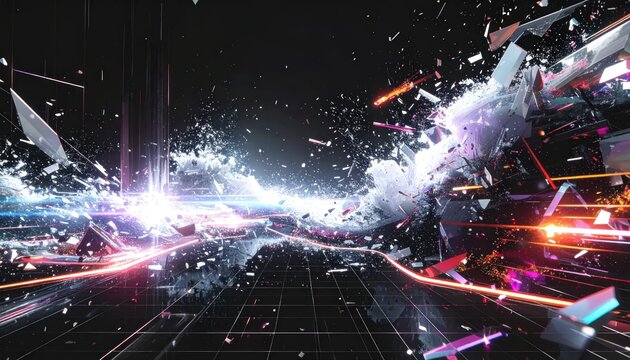 Abstract digital explosion of geometric shards and neon light.