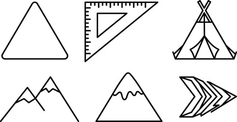 Geometric triangle vector line icon set featuring mountains teepee tent set square ruler and chevron arrow graphic elements © MstBabli