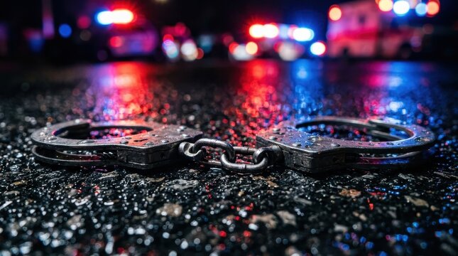 Metal handcuffs resting on wet asphalt street during nighttime police arrest with flashing lights