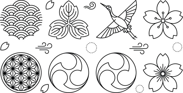 Traditional Japanese Line Art Vector Crest Set Featuring Crane Sakura Flower Seigaiha Wave Tomoe and Geometric Patterns for Eastern Style Culture Designs