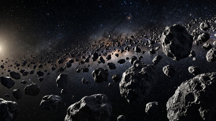 Asteroid Field in Deep Space with Rocky Cosmic Landscape and Bright Sunlight © Chetaktic Project