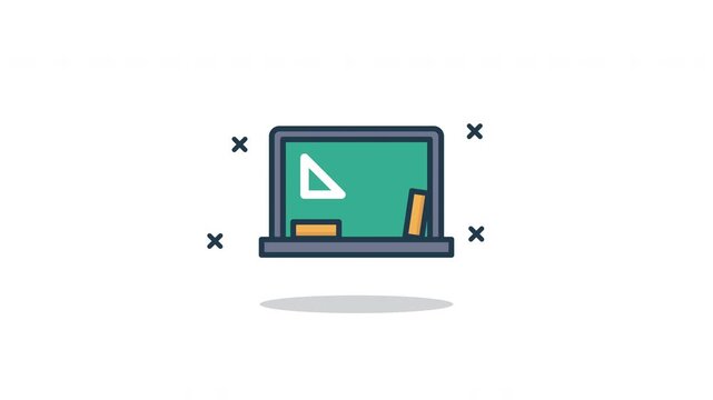 Looping Blackboard Icon Animation. Flat minimalist design of classroom chalkboard with ruler and eraser, isolated on white background
