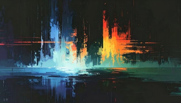 Abstract digital painting with blue and orange light streaks.