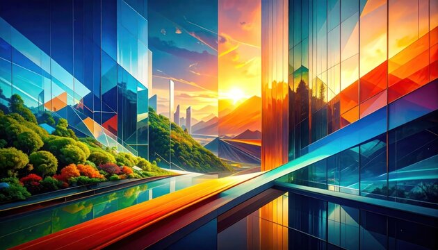 Abstract digital skyline with vibrant sunset and glass panels
