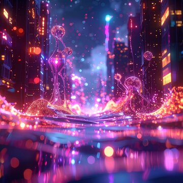 Abstract digital particles and light waves in urban night.