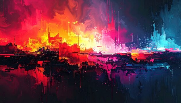 Abstract explosion of fire and light in dark space.