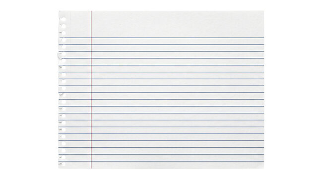 Lined notebook paper with red margin, white ruled loose leaf page for school and office, clean stationery background for writing and notes