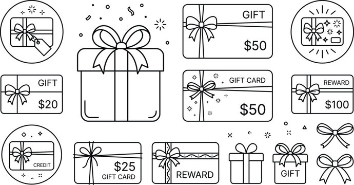 Gift voucher bonus card vector line icon set featuring dollar cash value reward gift boxes ribbons and decorative bows