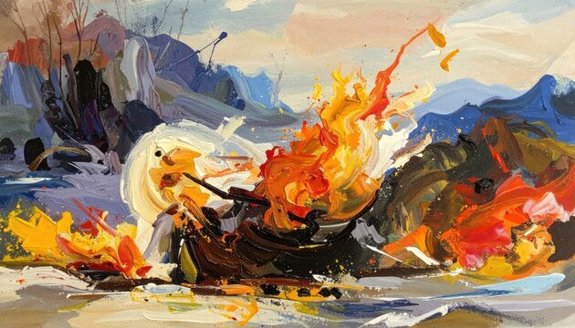 Abstract expressionist painting with fiery orange brushstrokes.