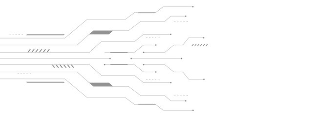 Obraz premium An abstract, minimalist technology background features intricate gray circuit lines, connecting dots, and geometric shapes on a clean white surface, conveying digital information flow.