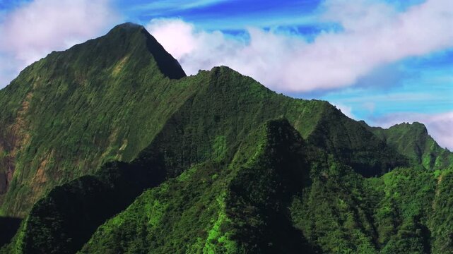 Tahiti Ito Volcano Tara Huhurahi Ridge mountains of Teahupo'o South Pacific Island French Polynesia aerial drone afternoon sunny blue sky clouds Mount Ronui Aorai Orohena Vaiau River Valley circle