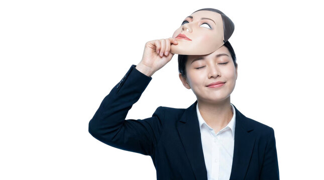 Asian Businesswoman Removing Plastic Face Mask to Reveal True Identity and Relieved Emotion