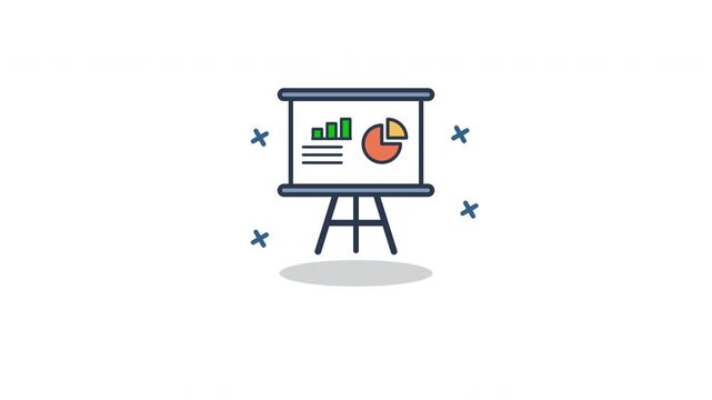 Looping Presentation Board Icon Animation. Flat minimalist design of chart and graph on whiteboard easel, isolated on white background