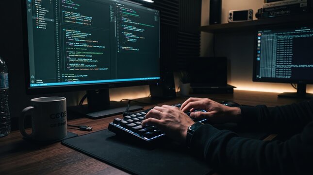 Developer hands typing code on mechanical keyboard in front of dual monitors with programming script, late night software engineering and web development work