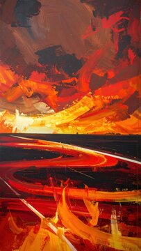 Abstract fiery oil painting with expressive red brushstrokes.