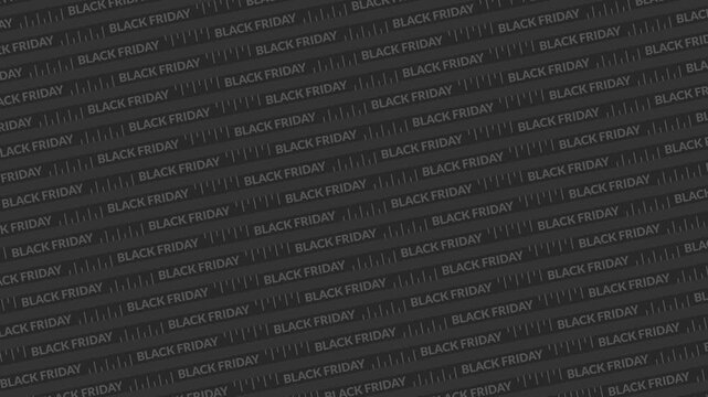 Seamless looping background animation of full screen diagonal Black Friday text stripes moving left and right on black background. Flat style typographic pattern cover concept