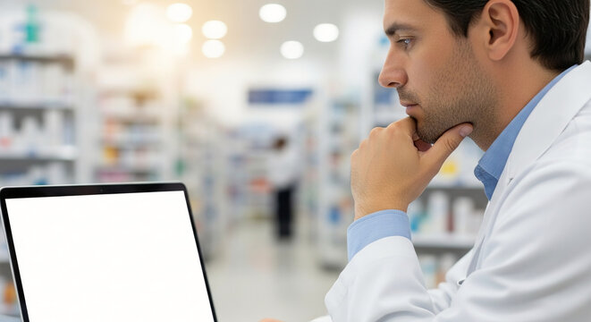 Professional male pharmacist in white coat looking at a blank laptop screen thoughtfully while working in a modern pharmacy interior background
