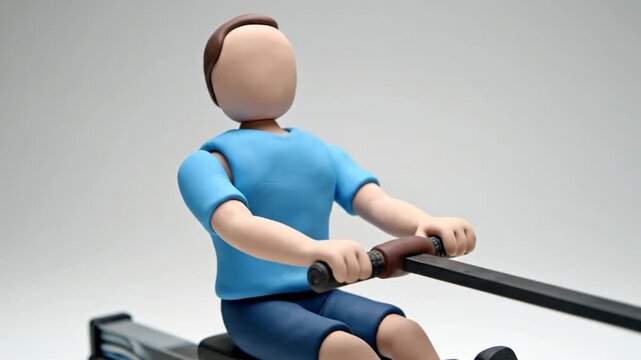 Claymation man exercising on rowing machine for fitness.
