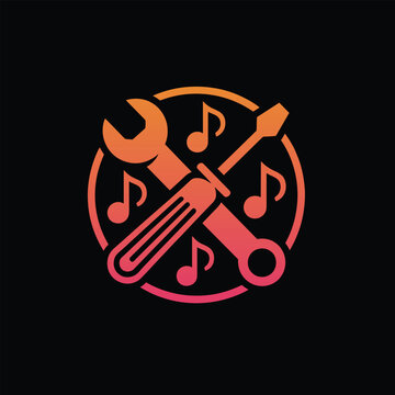 Music repair logo design with wrench and screwdriver