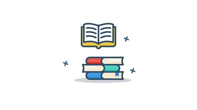 Looping Books Icon Animation. Flat minimalist design of stacked textbooks and open book, isolated on white background
