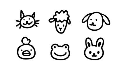 Fototapeta premium Animal Hand-drawn Faces! Cat, Sheep(Lamb), Dog, Chicken, Frog and Rabbit muzzle(snout). Kid-drawn style with pencil, pen or marker (Full Vector)
