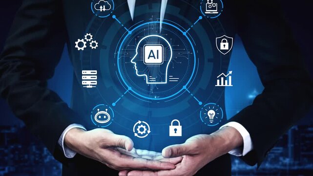 Businessman Presenting AI Technology Concept with Innovative Icons and Data Visualization Elements for Future of Communication and Digital Transformation. Entropy.