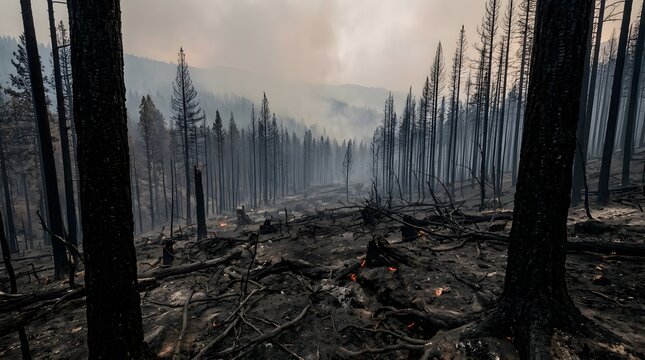 Desolate forest landscape after a devastating wildfire