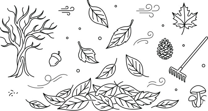 Autumn season linear vector illustration featuring bare tree falling foliage leaf pile rake wind blowing acorn and mushroom