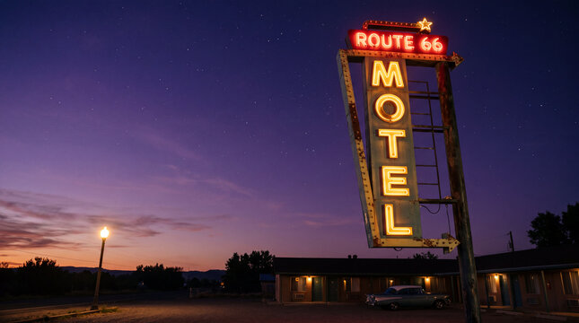 Route 66 motel neon sign glowing at twilight with vintage car parked outside for retro travel and Americana themes