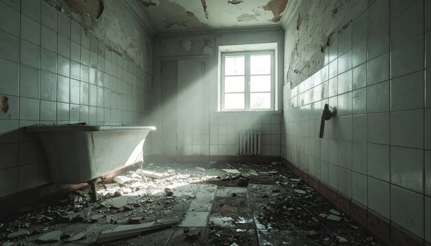Abandoned Bathroom with Bathtub in Ruined Building, Sunbeams Through Window