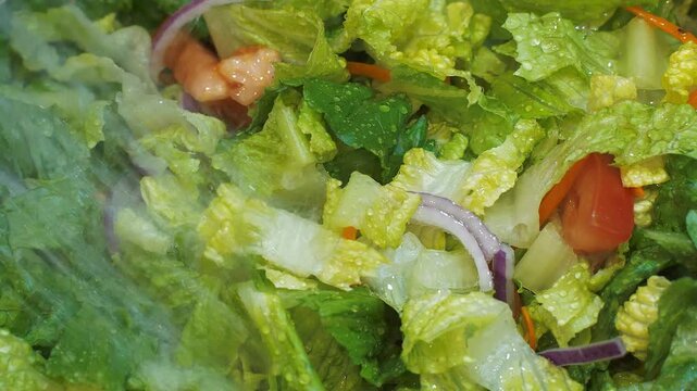 extreme close up of rinsing a mixed green salad with a faucet spray nozzle in slow motion.