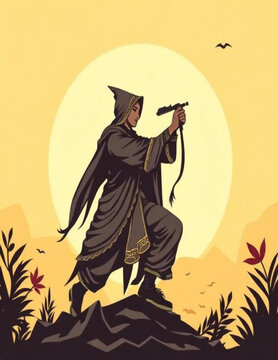 Mysterious wizard or assassin standing on a cliff against a big sun background holding a magical weapon vector illustration
