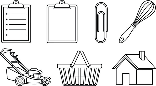 Minimalist outline miscellaneous icons set featuring clipboards paperclip kitchen whisk lawn mower shopping basket and house cottage elements