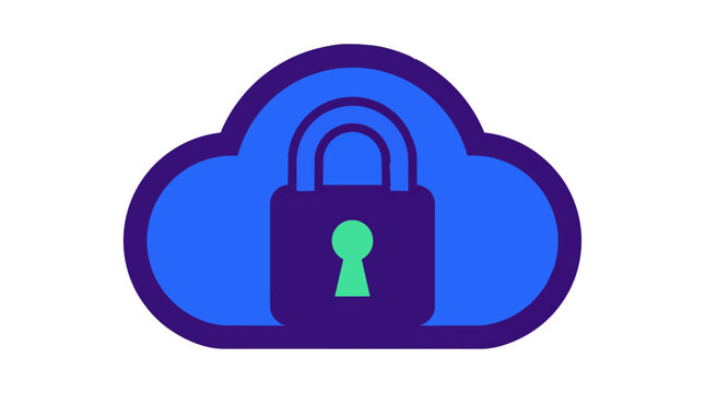 Cloud computing security icon depicts a digital padlock secured within a stylized network cloud symbol.