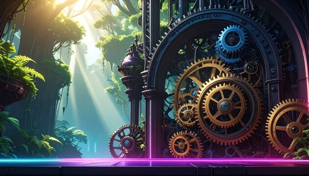 Grand steampunk clockwork gate in sunlit misty forest.