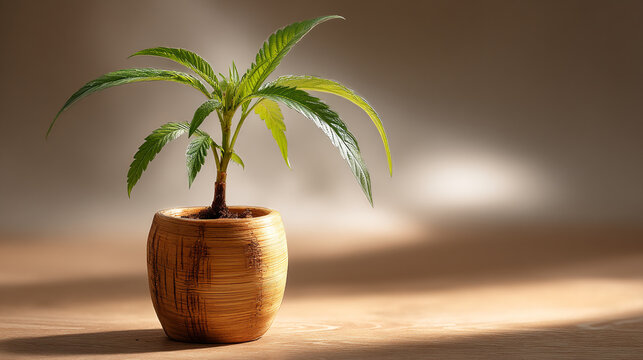 Small young green plant growing in a rustic wooden pot on table with seedling