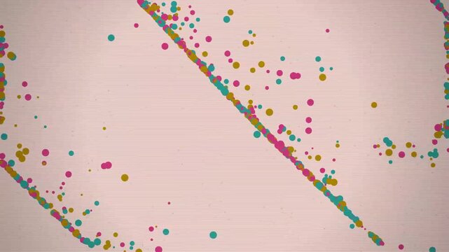 Abstract motion of colorful particles on a retro pink scanline background.