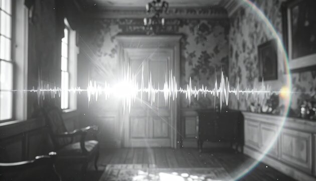 Grayscale room interior with glowing audio waveform overlay.