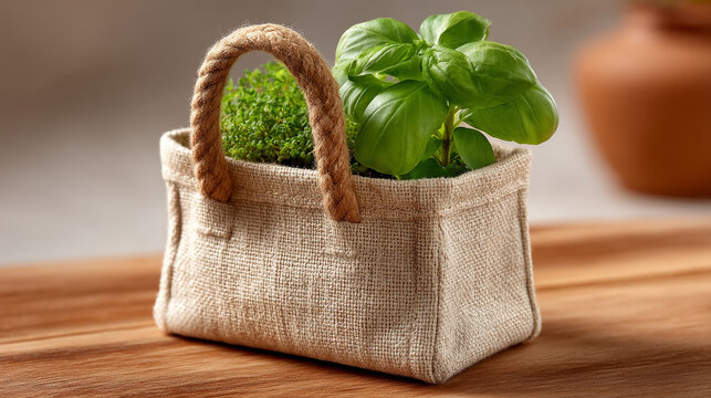 Fresh green herbs in a small woven burlap basket on wooden surface