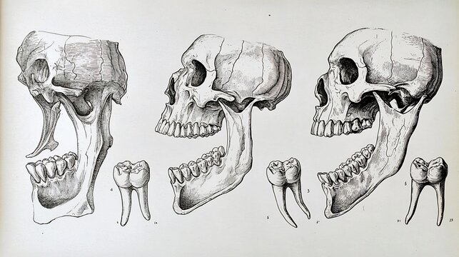 Vintage Anatomical Illustration of Human Skull and Mandible with Teeth in Black and White