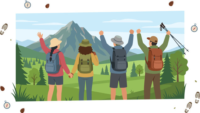 Group of hikers with backpacks cheering and looking at a beautiful mountain peaks view in summer vector