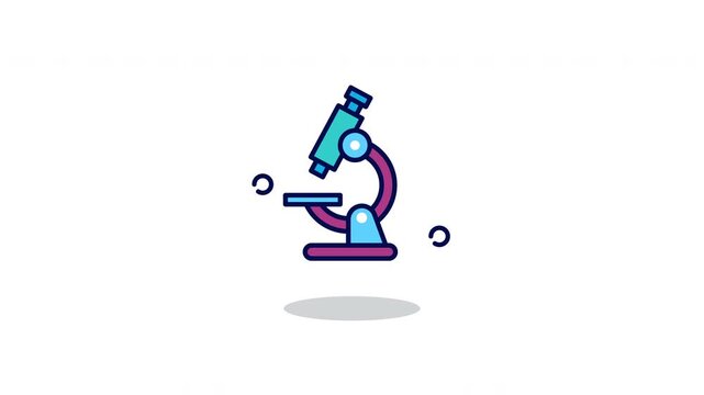Looping Microscope Icon Animation. Flat minimalist design of science laboratory equipment for research and biology study, isolated on white background