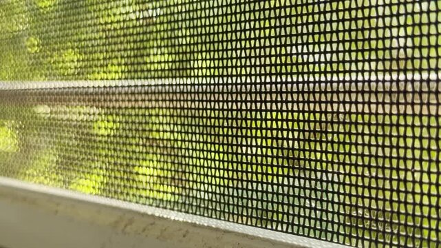 A tight window mesh filters warm sunlight from a bright garden. The blurry green leaves create a calm, cozy, and peaceful feeling of a quiet summer morning.