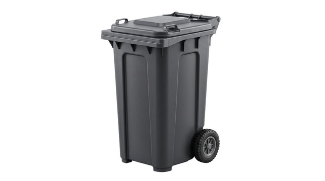Black plastic wheelie bin for waste management, large industrial trash can with lid, mobile garbage container isolated on white background