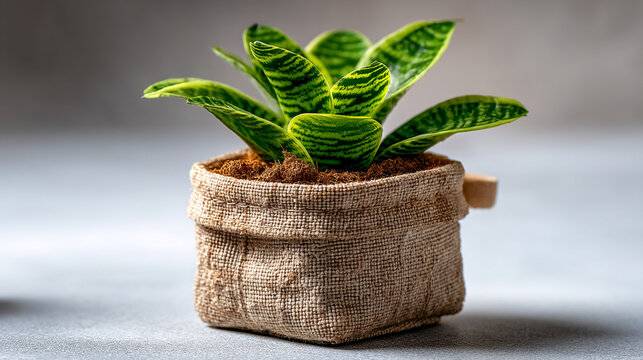 Small green plant in a rustic burlap fabric pot with decoration, lifestyle