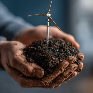 Hands holding fertile soil with a small wind turbine model for sustainable