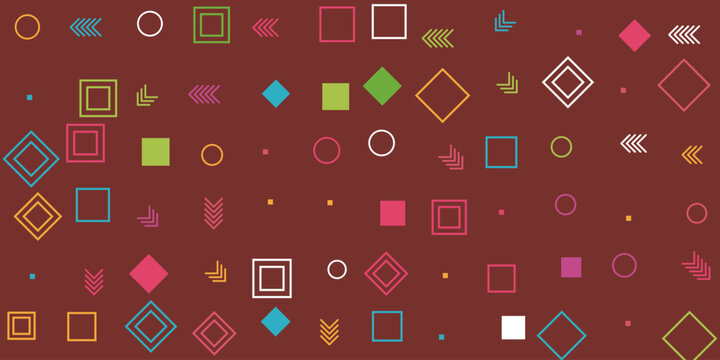 Abstract seamless pattern with colorful geometric shapes like squares circles and diamonds on a dark red brown background Vector, illustration
