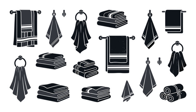 Bathroom towel icon collection with folded stacked hanging and rolled black cotton fabric towels on ring holders vector illustration set