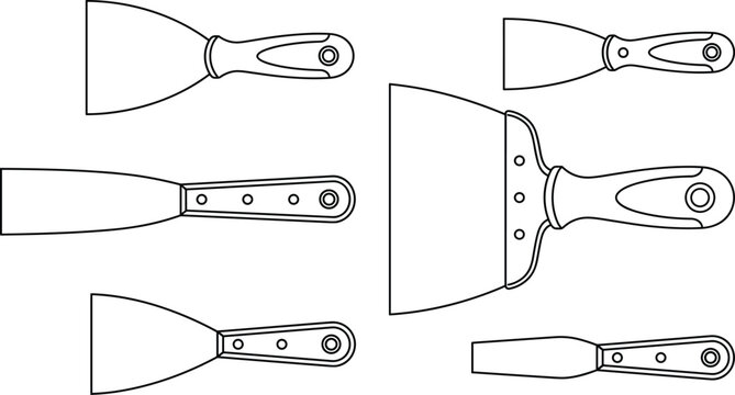 Putty knife and paint scraper vector line icon set featuring different size metal blades with wooden plastic handles